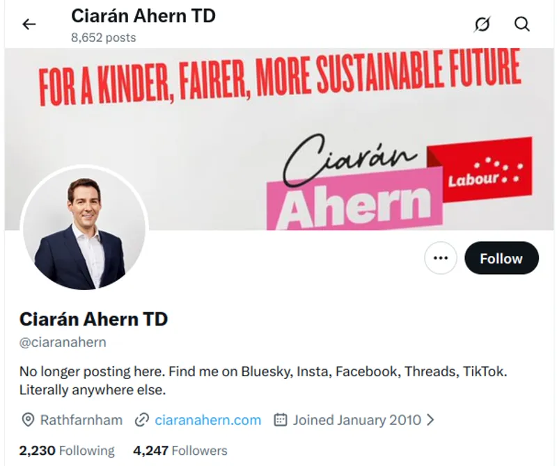 Labour TD Ciarán Ahern has left X