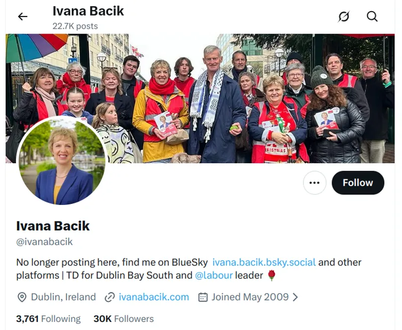 Labour leader Ivana Bacik has left X